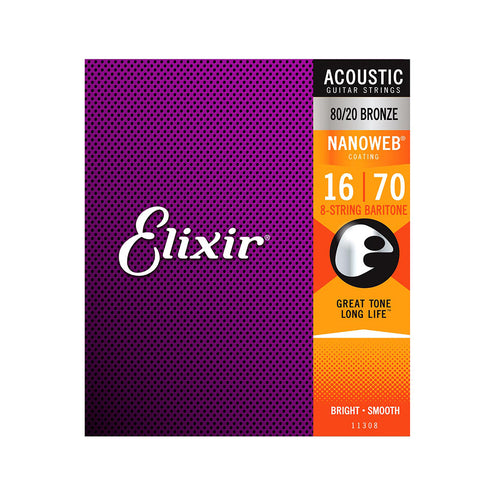 Elixir 11308 Nanoweb 80/20 8-String Baritone Acoustic Guitar Strings 16-70