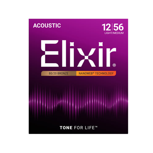 Elixir 11077 Nanoweb 80/20 Bronze Acoustic Guitar Strings, Light-Medium, 12-56