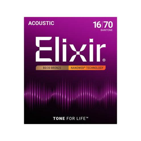 Elixir 11306 Nanoweb 80/20 6-String Baritone Acoustic Guitar Strings 16-70