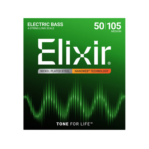 Elixir 14102 Nanoweb Nickel Plated Steel Electric Bass Strings, Long Scale, 4-String Medium, 50-105
