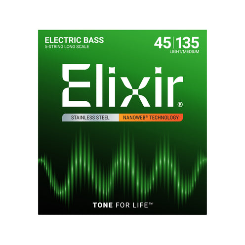 Elixir 14782 Nanoweb Med w/ Light B Long Scale Stainless Steel 5-String Electric Bass Guitar Strings